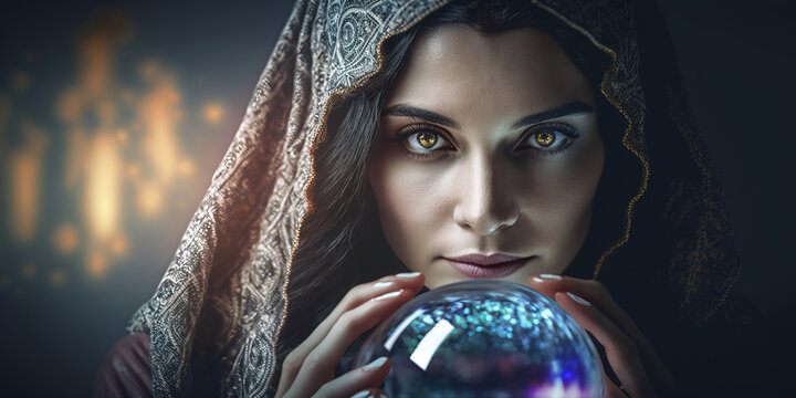 portrait of a woman fortune teller with magic ball. generative AI