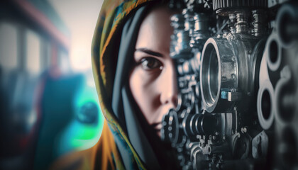 Fototapeta na wymiar Female worker in a modern factory. machine maintenance. generative AI 