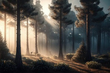 Fototapeta na wymiar Wooded morning forest trees backlit by golden sunlight with sun rays pouring through foggy trees. Sunrise or sunset spring forest landscape environment. Generative ai