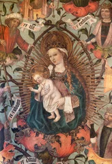 Foto op Canvas BERN, SWITZERLAND - JUNY 27, 2022: The detail of fresco of Madonna among the Old Testament Kings in the church Franzosichche Kirche by anonym Nelkenmeister (1495-1500). © Renáta Sedmáková