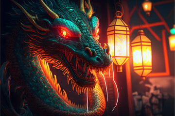 Fototapeta premium Chinese dragon on black background created with generative AI technology