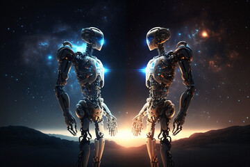 two cyborgs staring at each other, blue and orange, night sky