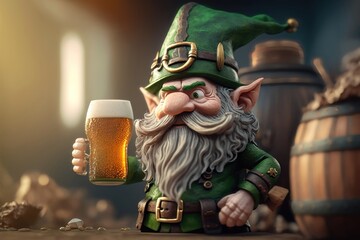 3D style illustration of a leprechaun elf with a beer. St. Patrick's day concept. AI generation