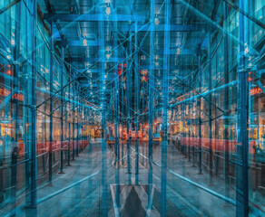 Abstract rendering of sidewalks and hoardings at night, teal and orange tones, nobody