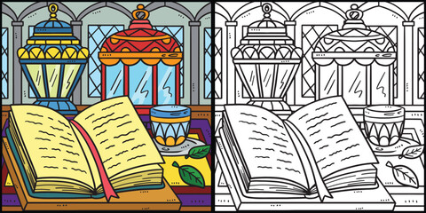 Ramadan Quran and Lanterns Coloring Illustration