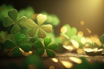 A beautiful holiday background with glowing clovers. St. Patrick's Day concept. AI generation.