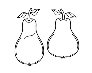 Pears with leaves, freehand drawing of the fruit, with a black outline, on a transparent background