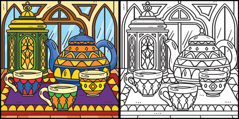 Ramadan Lantern and Tea Set Coloring Illustration