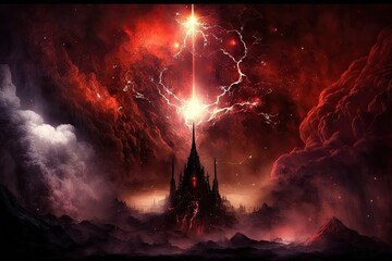 Apocalyptic religious setting the underworld, red sky with flashes of lightning, the end of the world, and eternal damnation. Generative AI