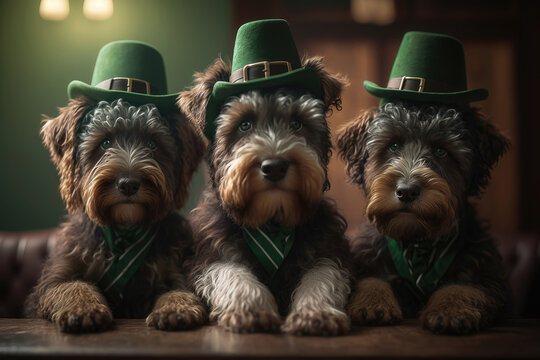 Illustration of cute dogs in leprechaun costumes sitting in a pub with a beer. St. Patrick's Day Concept. AI Generation