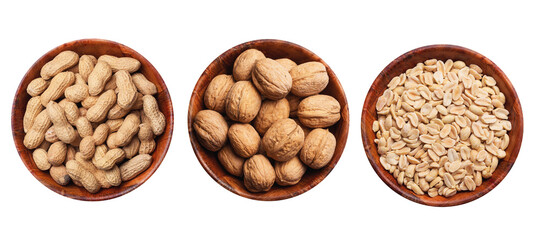 Peanuts background. Vegetarian diet food. Nuts in shells inside round wooden bowl isolated. Snacks in a bowl. Healthy party snack. Hulled peanuts without shell. Walnuts diet.