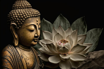 Spiritual Buddha statue meditating with lotus flower. Buddhist religion. Zen and enlightenment idea. Ai generated - 573690681