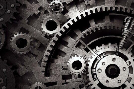 Dark Wallpaper With Black Gears. Close-up Of A Gearbox With A Special Color Detail. Mechanical Industrial Background With Planetary Gear. 3d Illustration. Generative AI