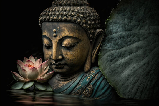 Spiritual Buddha statue meditating with lotus flower. Buddhist religion. Zen and enlightenment idea. Ai generated