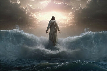 Obraz premium Jesus Christ walking on water of the Sea of Galilee, biblical illustration, generative ai