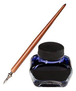 Old nib framed with a wooden handle and a glass inkwell with ink on an isolated background.