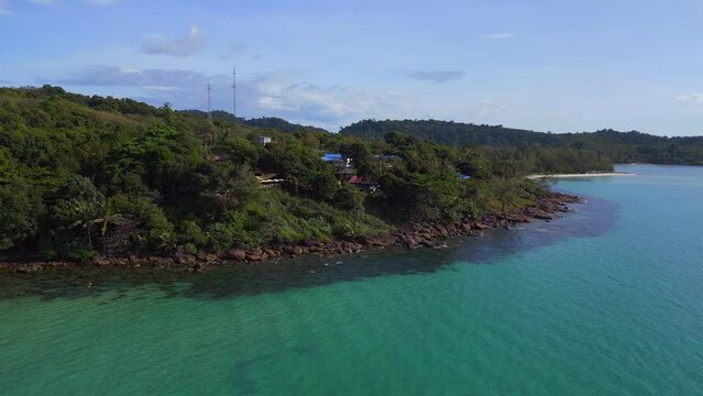 headland rocky beach undulating island turquoise. Great aerial view flight drone