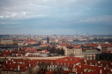 Fototapeta na wymiar Aerial view of buildings and river in City centre of Prague, Czech Republic. 