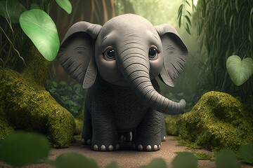 Cute Cartoon Elephant in a Jungle (Created with Generative AI) - obrazy, fototapety, plakaty