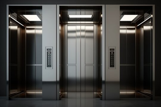 Iron elevator realistic composition with opened doors modern style. Ai.  Illustration of luxury hotel or office building corridor interior lift