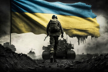 War Ukraine versus Russia. Ukrainian soldier on the front lines. Destroyed city, war tanks and flag. Destruction, pain, loss. Soldier walking backwards into battle. anonymous heroes. Generative ai.
