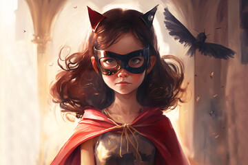 Illustration of a girl dressed as superhero princess with dress, cape and mask looking at the camera. Catwoman. Girl with determined and heroic look. Generative ai. Cute girl. Teen.