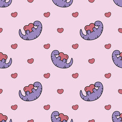 vector illustration. bright and colorful dinosaur with a heart in his hands. baby. toy. Dragon. animals. monsters. child. pink. love. pattern with cute dinosaurs. print