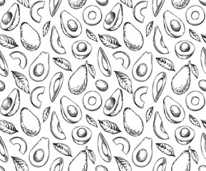 Seamless pattern with avocado. Healthy vegan food. Vector monochrome hand drawn illustration.