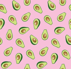 Seamless pattern with avocado. Healthy vegan food. Vector hand drawn illustration for textile, food packaging and cosmetics.