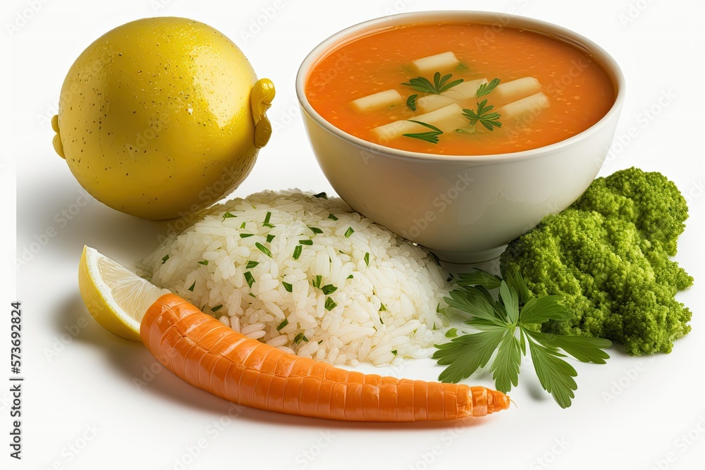 Poster vegan carrot and celery soup with homemade lemon rice. generative ai