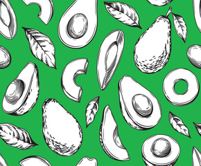 Seamless pattern with avocado. Healthy vegan food. Vector monochrome hand drawn illustration.