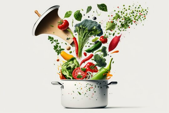 Collage art of organically grown herbs and veggies being tossed into a cooking pot on a white background. Tossed in the air are tomatoes, broccoli, peppers, lettuce, cucumbers, arugula, and olives