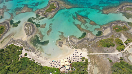 Obraz na płótnie Canvas Aerial drone photo of paradise volcanic white sand beaches in tropical destination atoll islet complex 