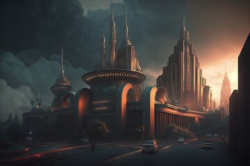 City of future on a sunset. Futuristic style.Generative AI