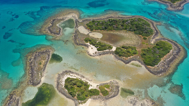 Aerial drone photo of paradise complex volcanic islands of Lichadonisia in North Evia, Greece