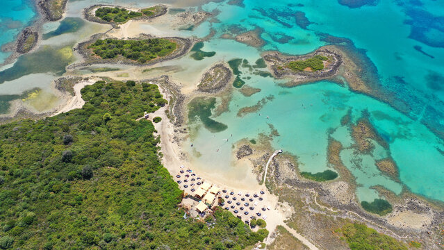 Aerial drone photo of paradise complex volcanic islands of Lichadonisia in North Evia, Greece