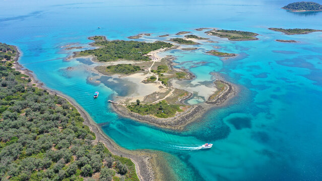 Aerial drone photo of paradise complex volcanic islands of Lichadonisia in North Evia, Greece