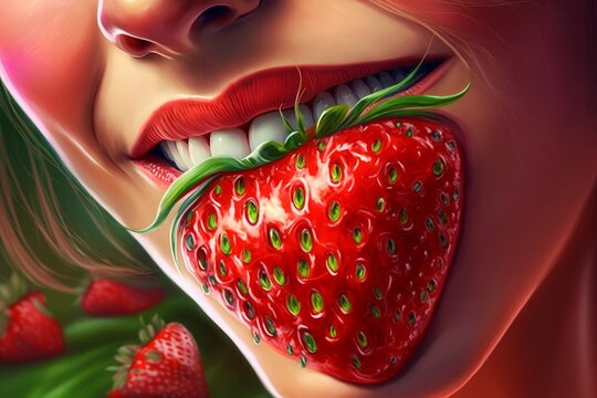 Juicy strawberry in a femele lips closeup. Generative AI