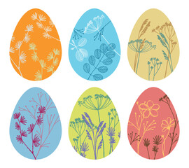 Set of Easter holiday eggs decorated of wild plants. Hand drawn vector illustration isolated on white. Gentle clip arts collection.