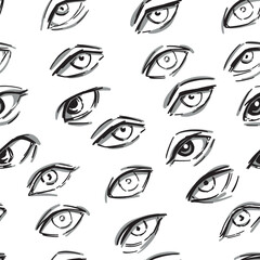 Human eyes abstract vector seamless pattern. Ornament of eyes sketches. Hand drawn design in retro style.