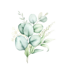 Watercolor floral bouquet with green eucalyptus leaves.