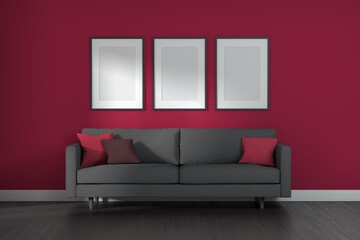 Three frames on Living room interior with gray sofa, pillows on magenta wall background with sunlight coming through the window.