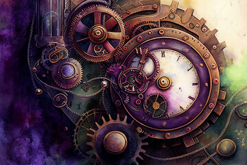 A painting of a steampunk clock with gears and cogs