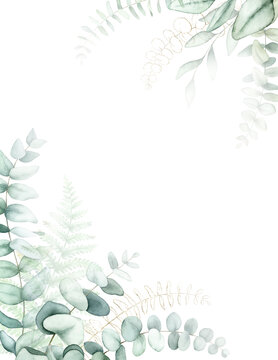 Watercolor greenery frame with eucalyptus and fern leaves.