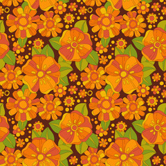 Bright colorful floral seamless pattern inspired by the 70s, hippie, and groovy aesthetics. Orange, yellow flowers on dark background. Colorful retro design for print, fashion purposes