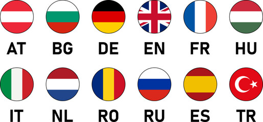 Round Flag Selection Button Badge Icon Set including Austria Bulgaria Germany UK United Kingdom France Hungary Italy Netherlands Romania Russia Spain and Turkey with Language Codes. Vector Image.