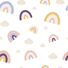 Cute, light and modern seamless pattern with rainbows and clouds in pastel colors creating illusion of white hills. Use it for kid's textiles, clothing, underwear, linen, dishes, napkins.