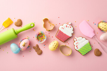 Easter cooking concept. Top view photo of kitchen utensils colorful easter eggs in paper baking molds cookies gingerbread and sprinkles on isolated pastel pink background