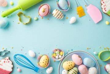 Easter concept. Top view photo of colorful eggs in plate rolling pin silicone spatula brush whisk baking molds cupcake shaped gingerbread sprinkles on isolated pastel blue background with copyspace