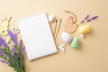 Easter concept. Top view photo of drawing block paintbrushes colorful easter eggs wooden decor...